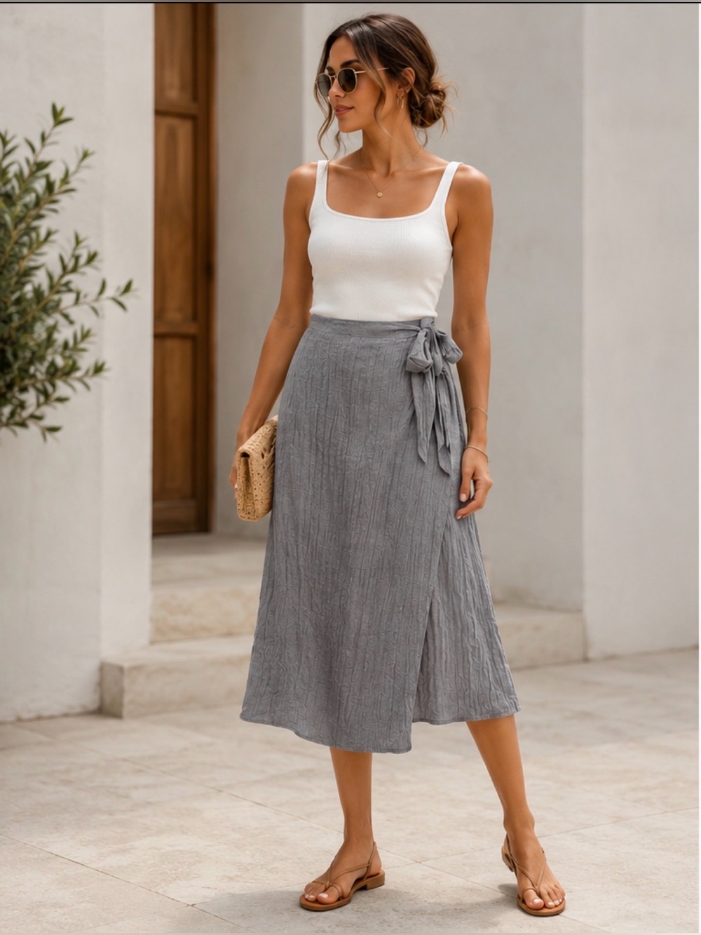 Zara Grey Crinkled Linen-Blend Wrap Midi Skirt – Size Medium